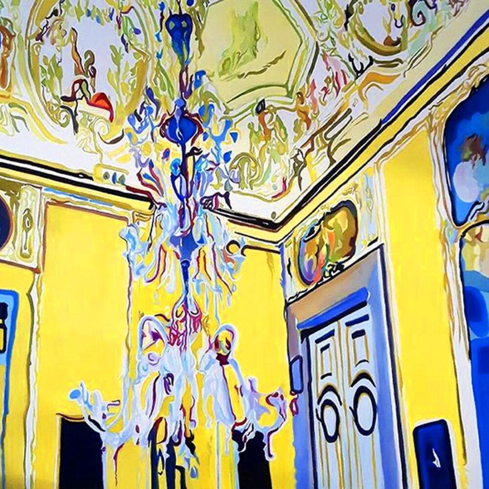 European interior with ornate chandelier by Jennifer Gabbay