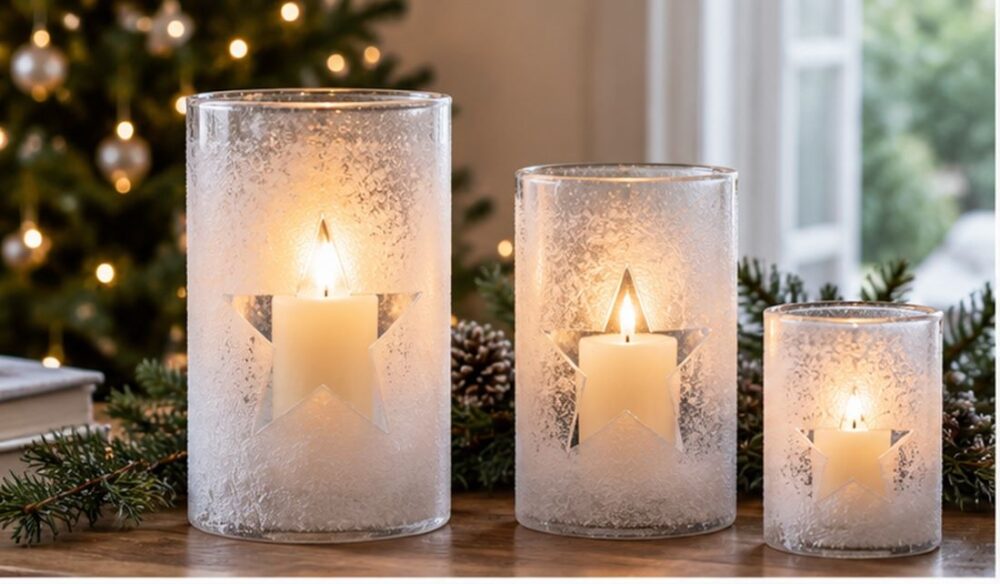 Frosted Glass Candle Hurricanes with Star Details for Christmas
