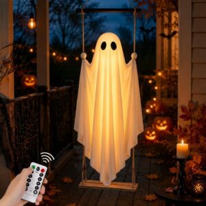 Swinging Ghost Outdoor Decor,Ghost on A Swing Halloween Decorations (White)