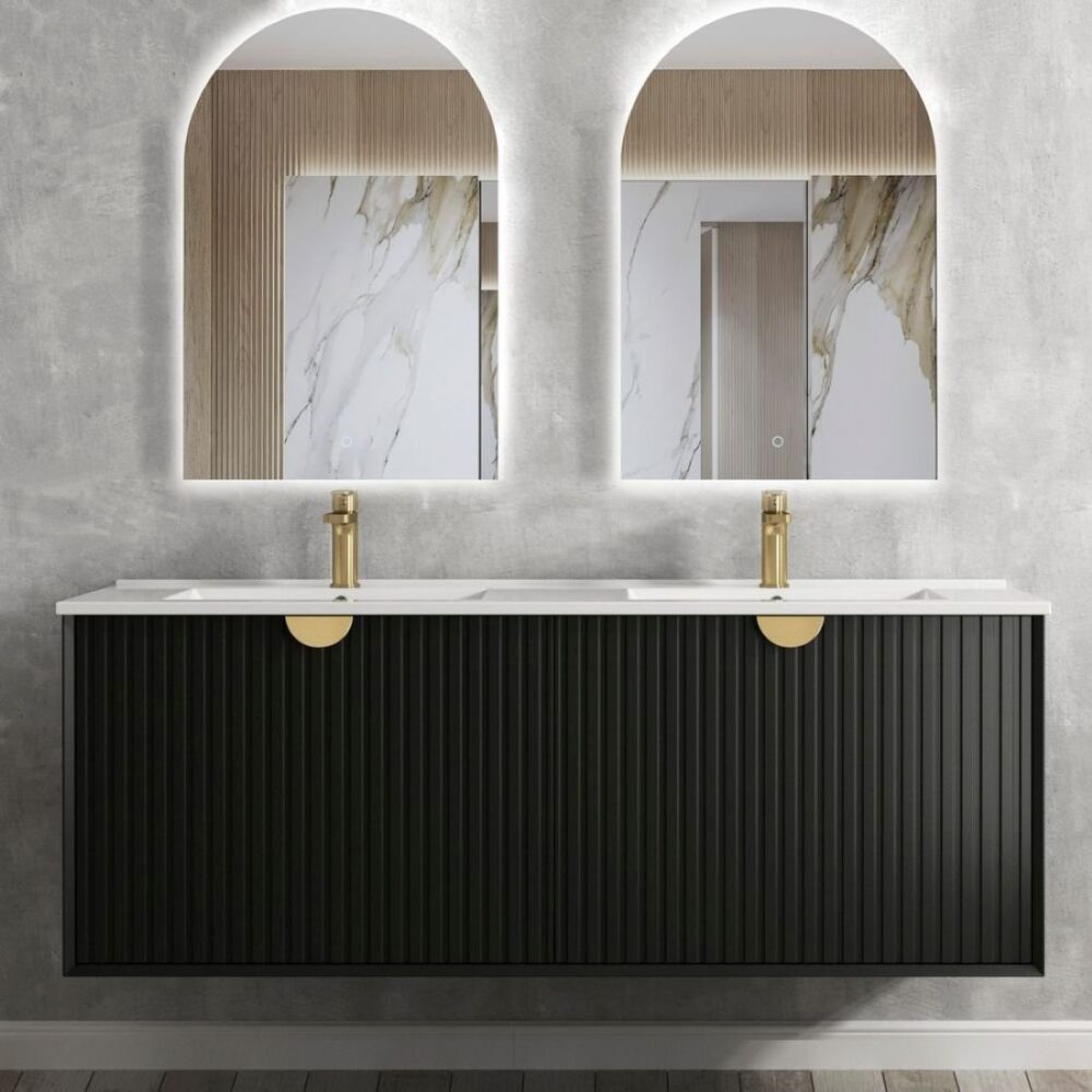 Matte black fluted floating double vanity with gold handles