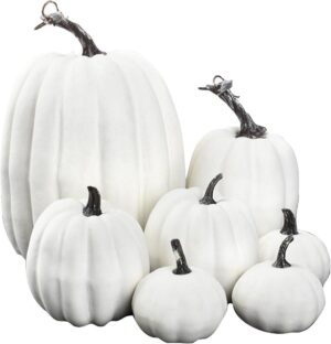 7 Assorted Sizes Artificial Pumpkins, Large White Fake Pumpkin Fall Decor for Autumn Harvest Halloween Decoration Faux Pumpkins for Outdoor Decorating