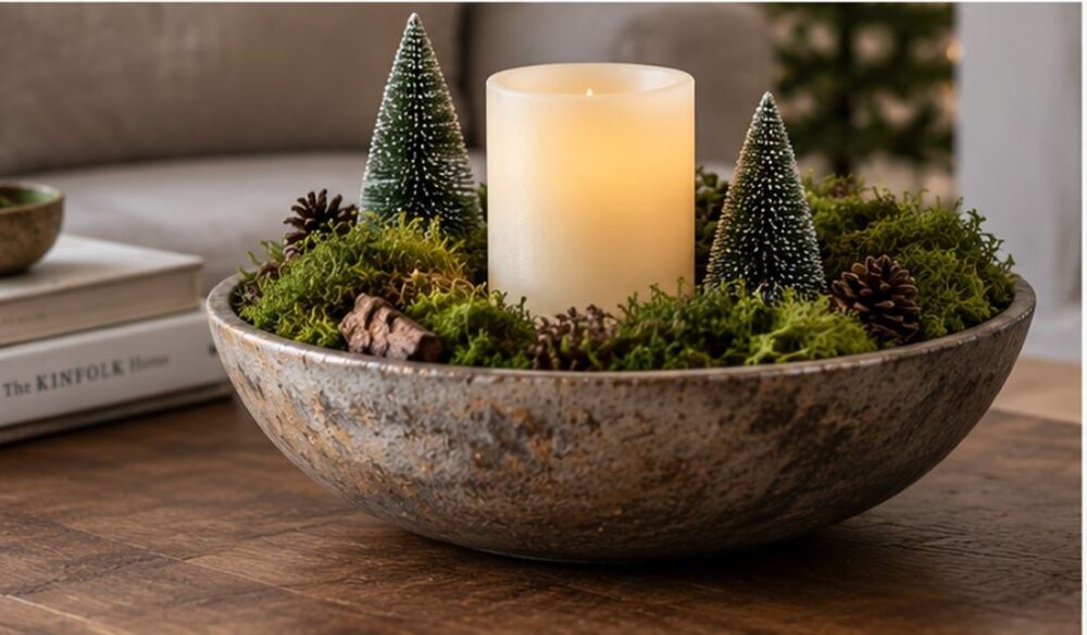 Mossy Forest Bowl with Pillar Candle and Mini Christmas Trees