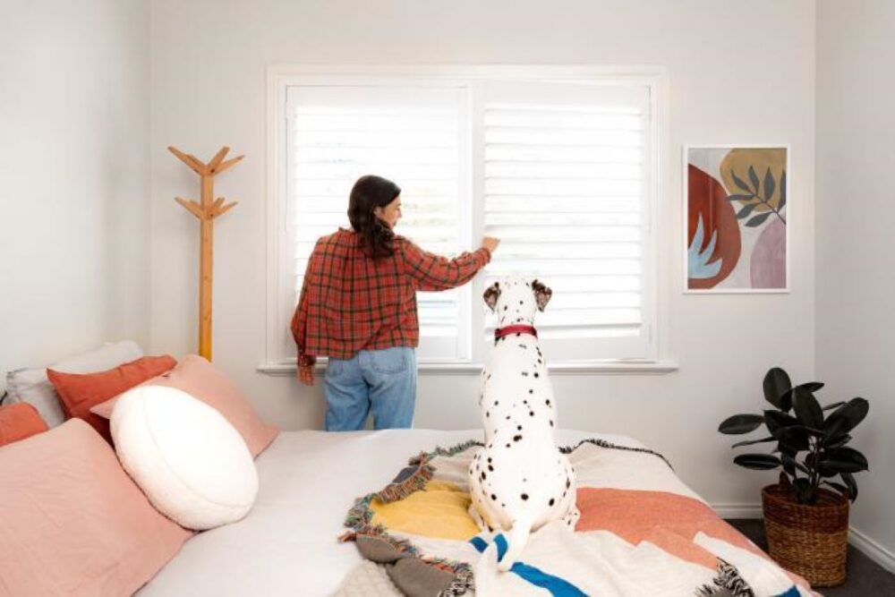 Plantation Shutters in Pet-Friendly Bedroom