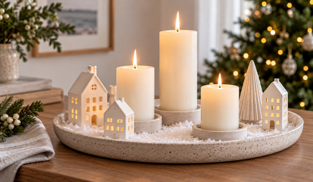 Snowy Ceramic Candle Tray with Christmas Village Pillar Candles