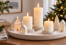 12 festive Christmas DIYs using pillar candles Snowy Ceramic Candle Tray with Christmas Village Pillar Candles