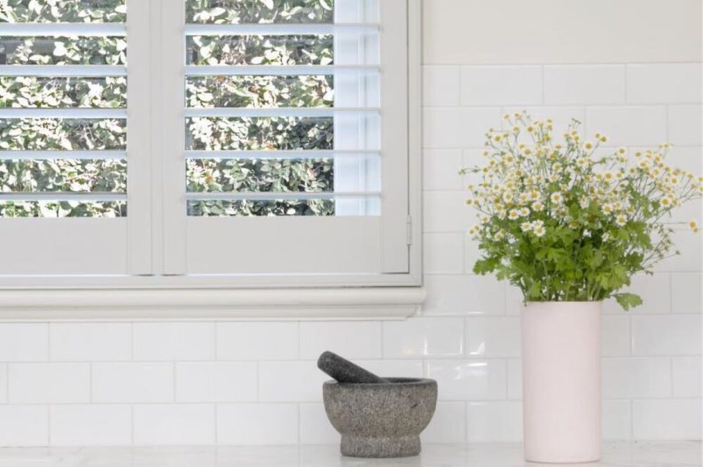White Plantation Shutters in Bright Kitchen with Indoor Plant