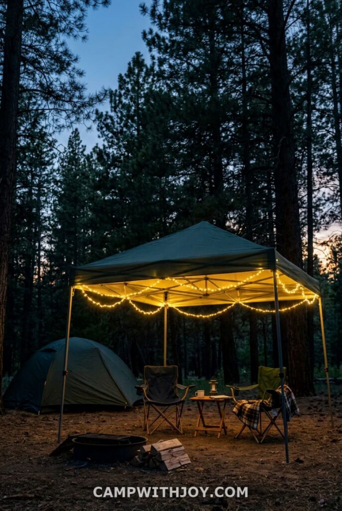 Camping gazebo setup with string lights