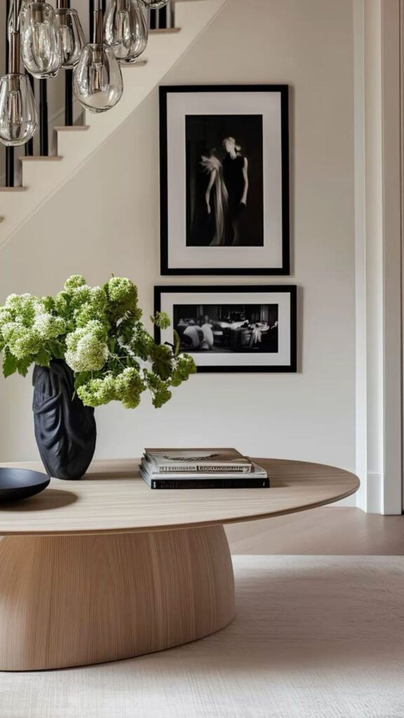 Green snowball hydrangea arrangement on oval console
