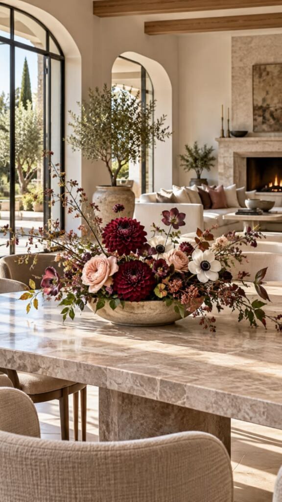 Low dahlia arrangement on travertine dining table