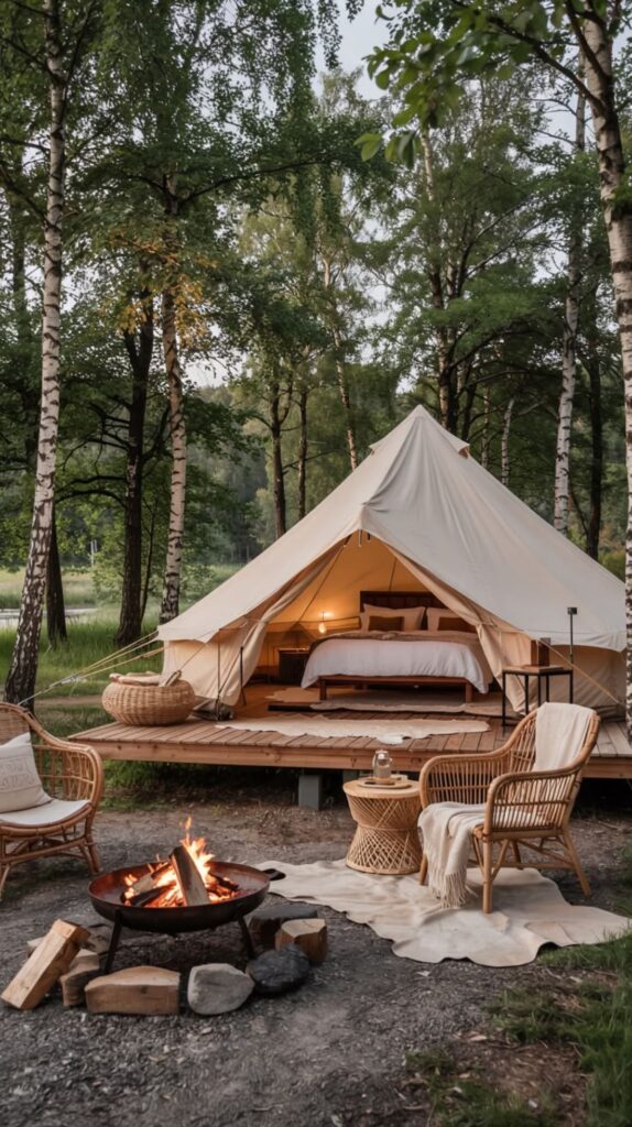 Luxury glamping tent setup with outdoor fire pit