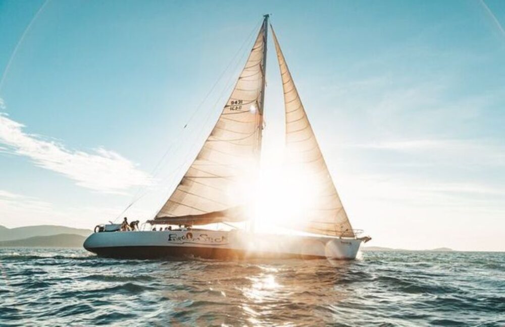 Sunlit sailboat cruising on open ocean water