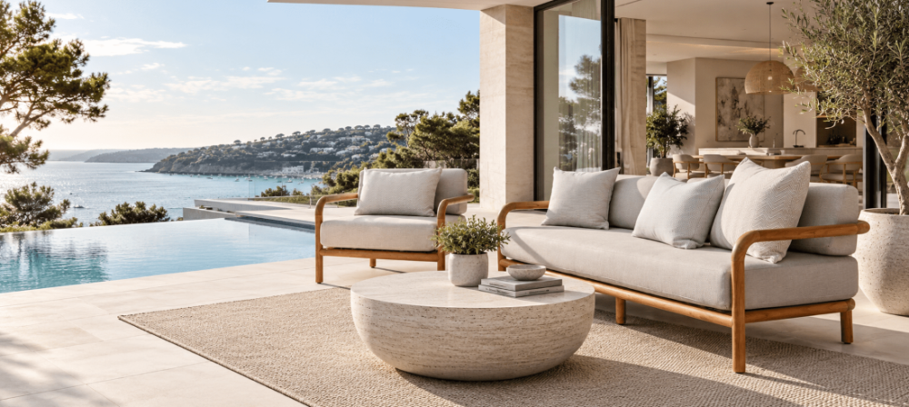 Teak sofa and travertine coffee table on pool patio