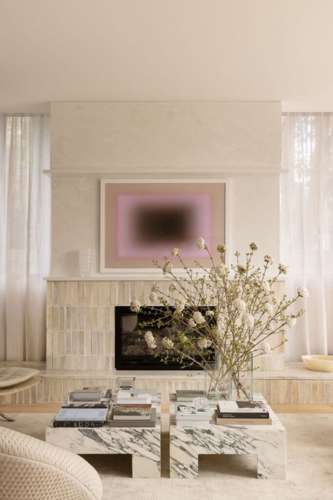 White blossom branches on marble coffee tables
